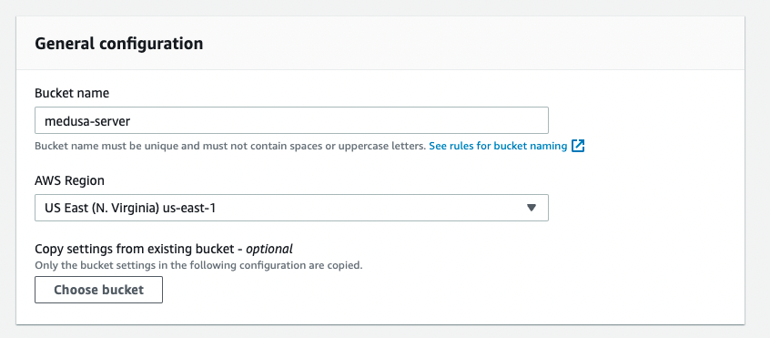 Enter bucket name and choose region in the General Configuration section