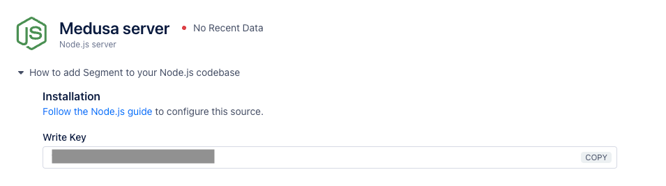 The Write Key is available on the new source's page