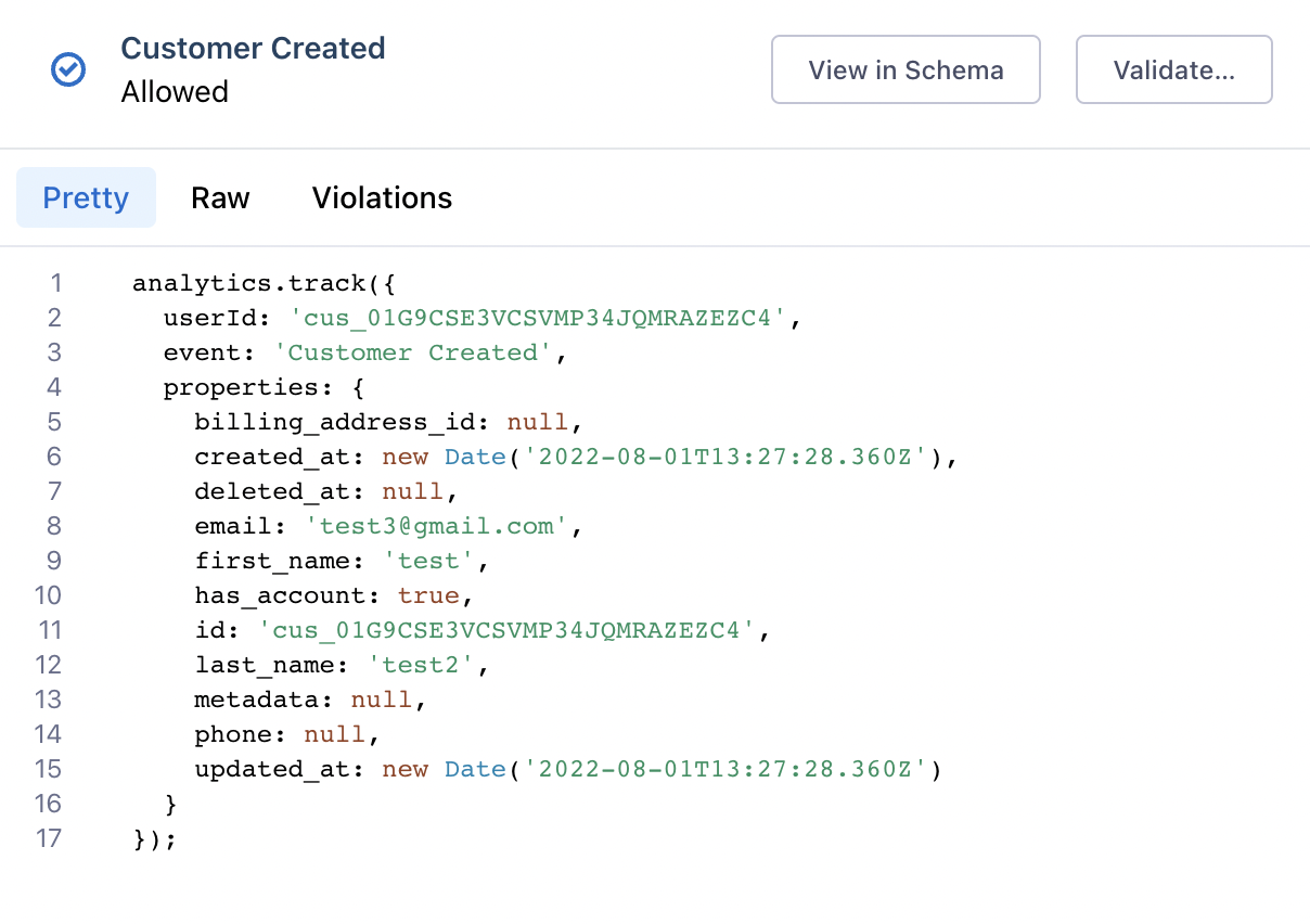 The customer created event is recoreded on the Segment source
