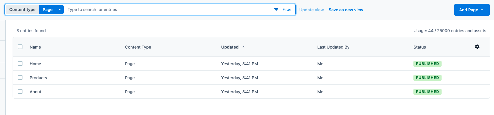 Filter content to only show pages by choosing Page in the Content Type select field