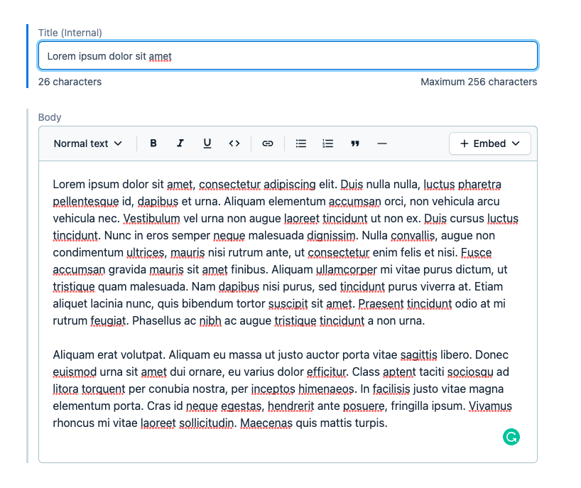 The Rich Text form is filled with data