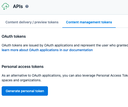 API Keys page with Content management tokens tab opened