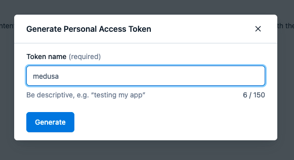 Pop up model for Personal Access Token with token name entered