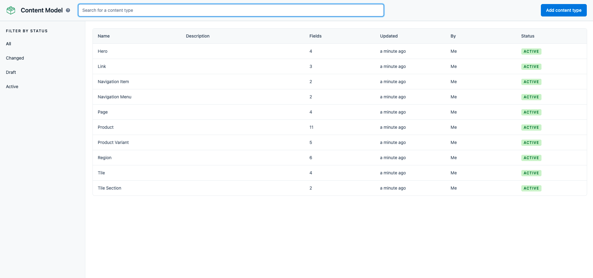 Content Model page filled with new content models