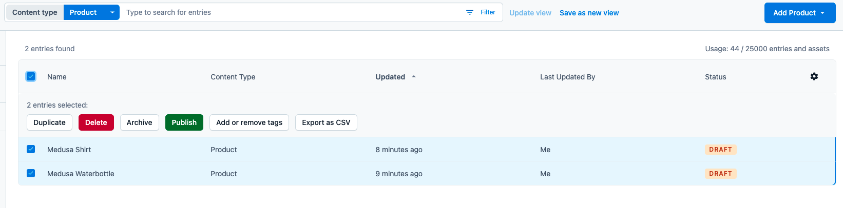 Select all products' checkboxes and click the publish button