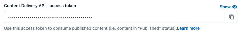 Copy the value of the Content Delivery API access token