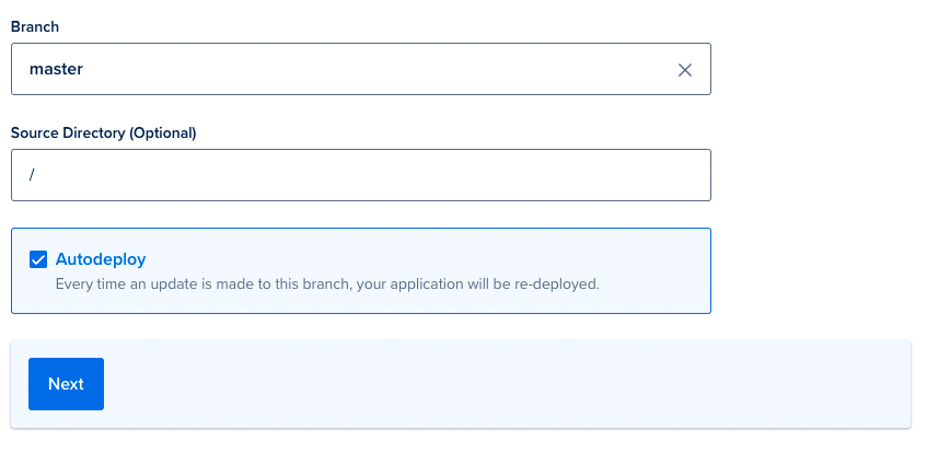Enter master for Branch input, backslash for Source Directory, and check Autodeploy