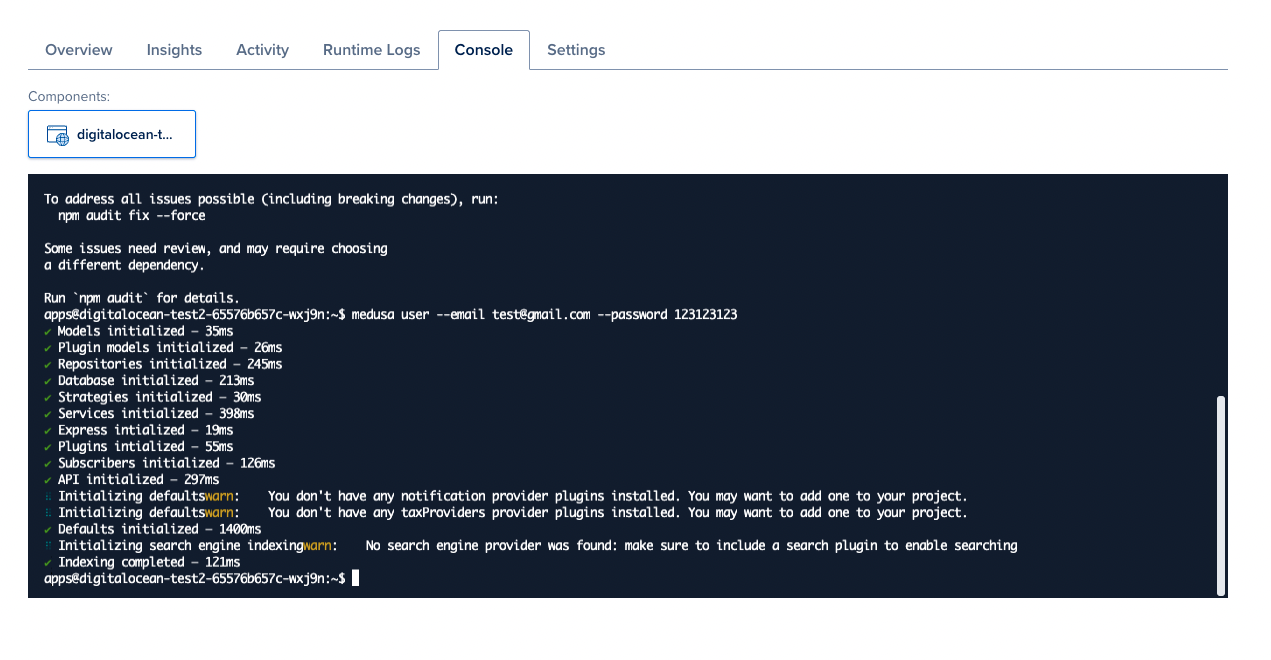 Console in the DigitalOcean App
