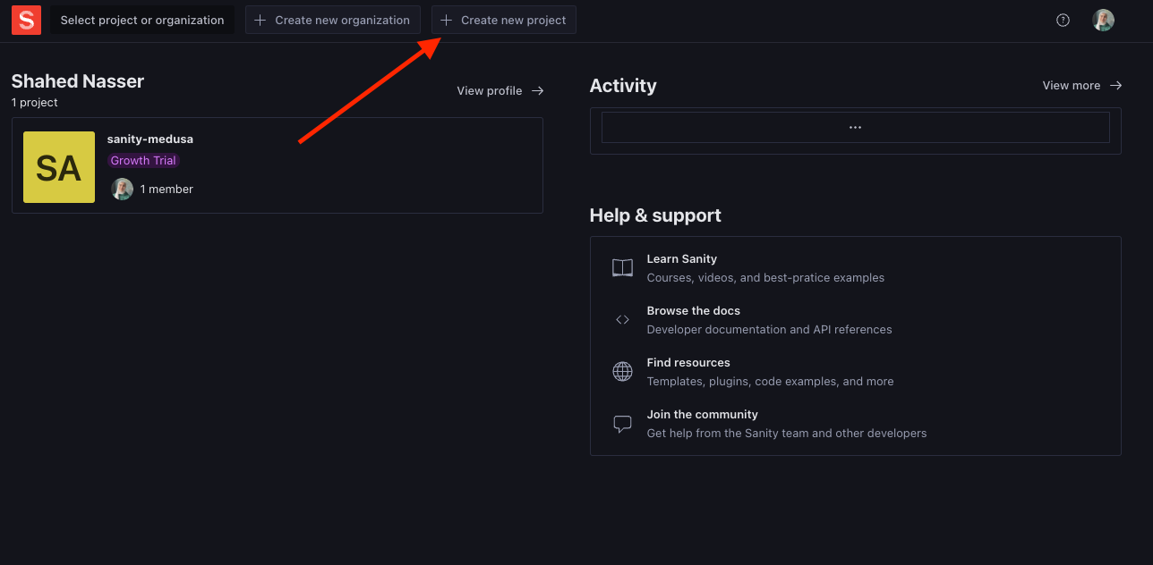 The Create new project button is at the top of the dashboard page.