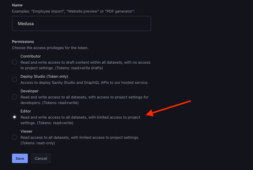 In the Token form, enter the name and choose "Editor" for permissions.