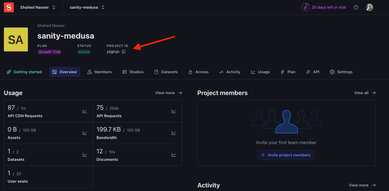 The project ID is in the top information of the project.