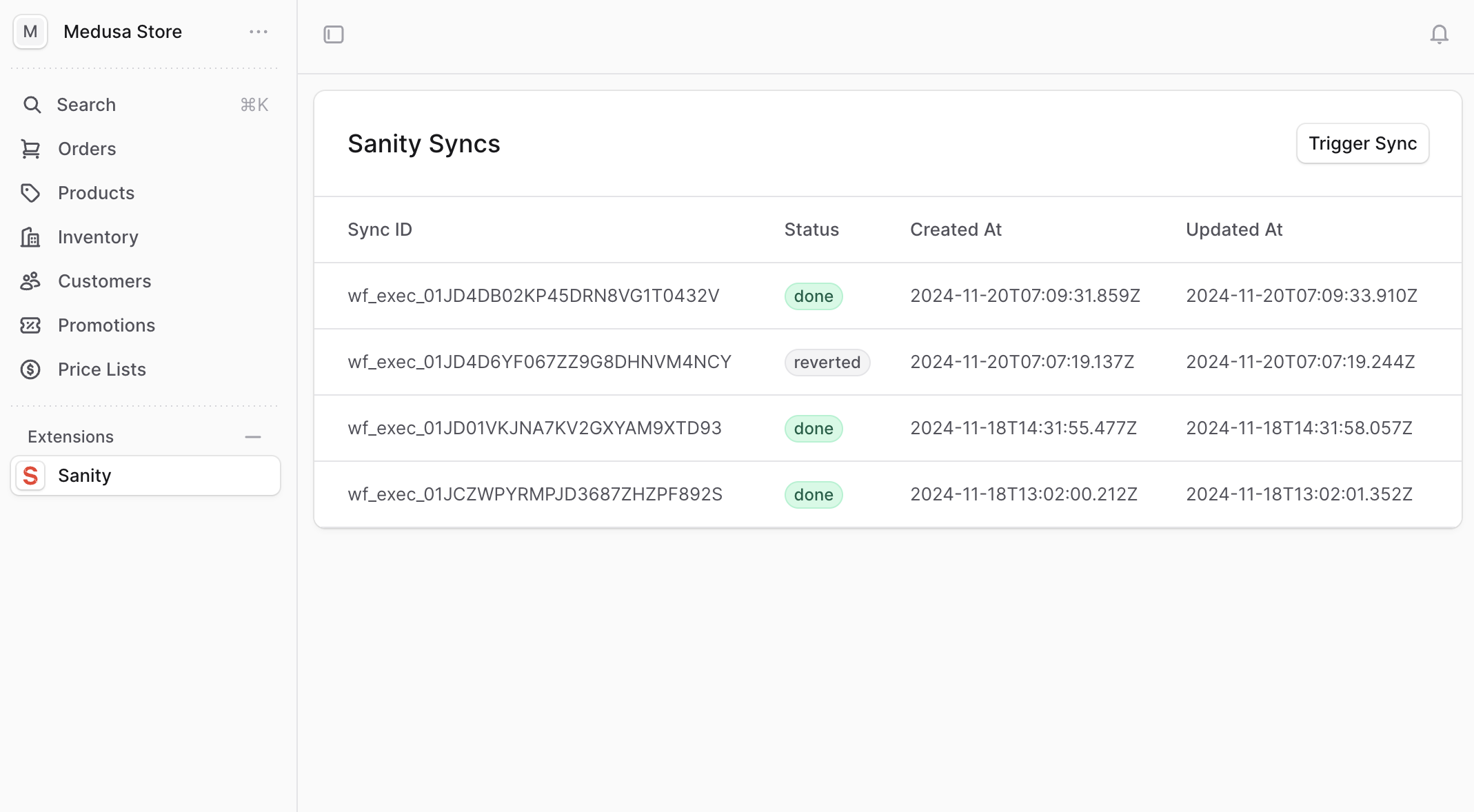 A screenshot of the page to track and trigger syncs.