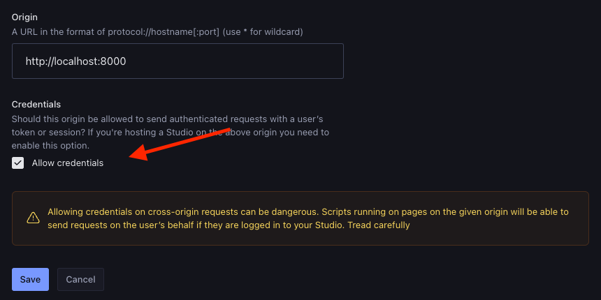 After filling out the Origin field, click on the Allow credentials checkbox to enable it.