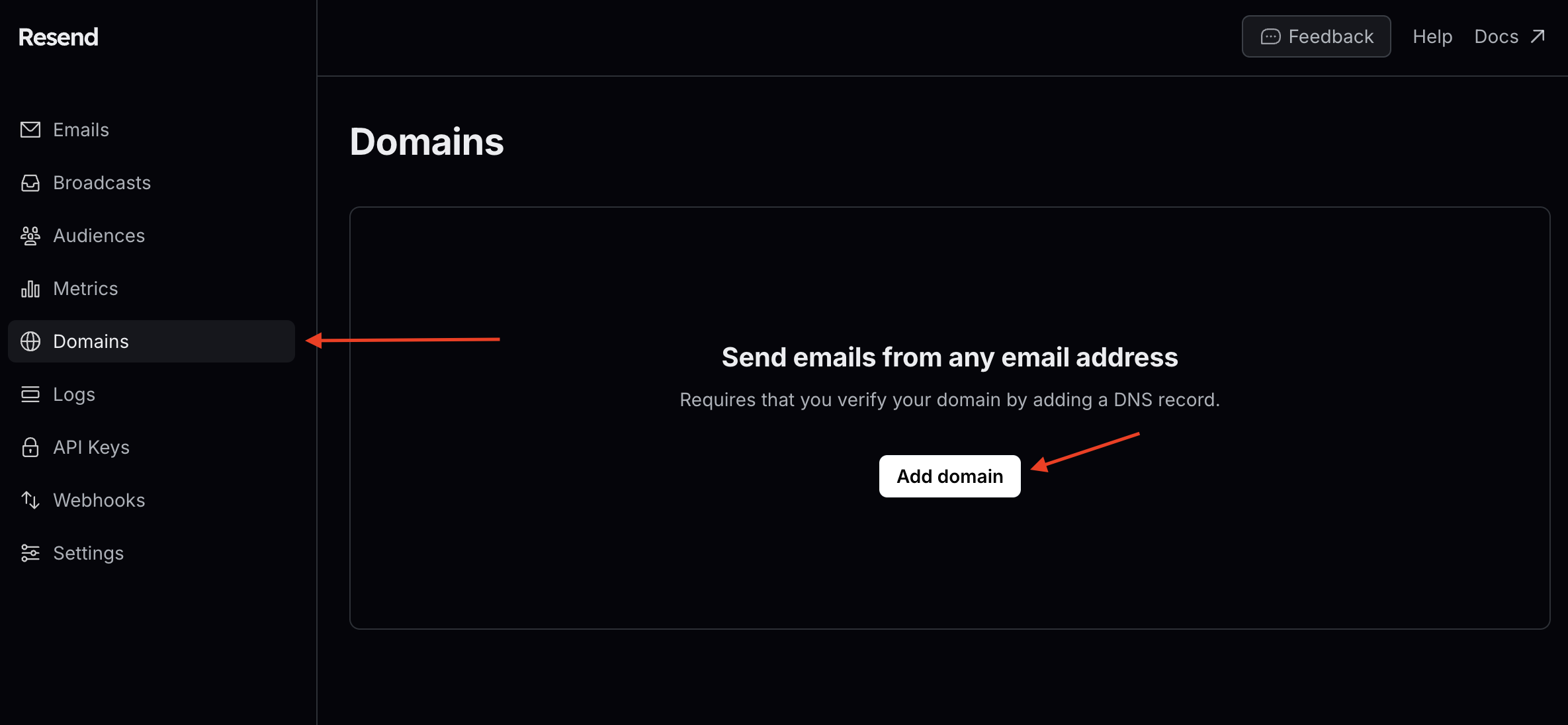 Click on Domains in the sidebar then on the Add Domain button in the middle of the page.