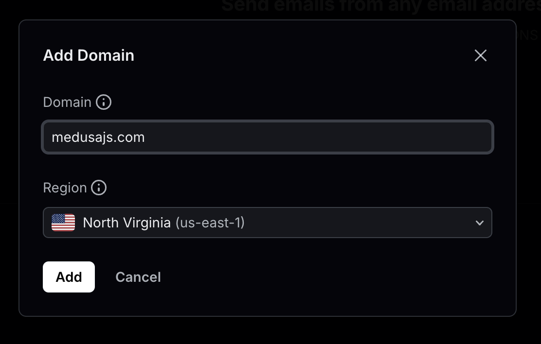 A pop-up window with Domain and Region fields.