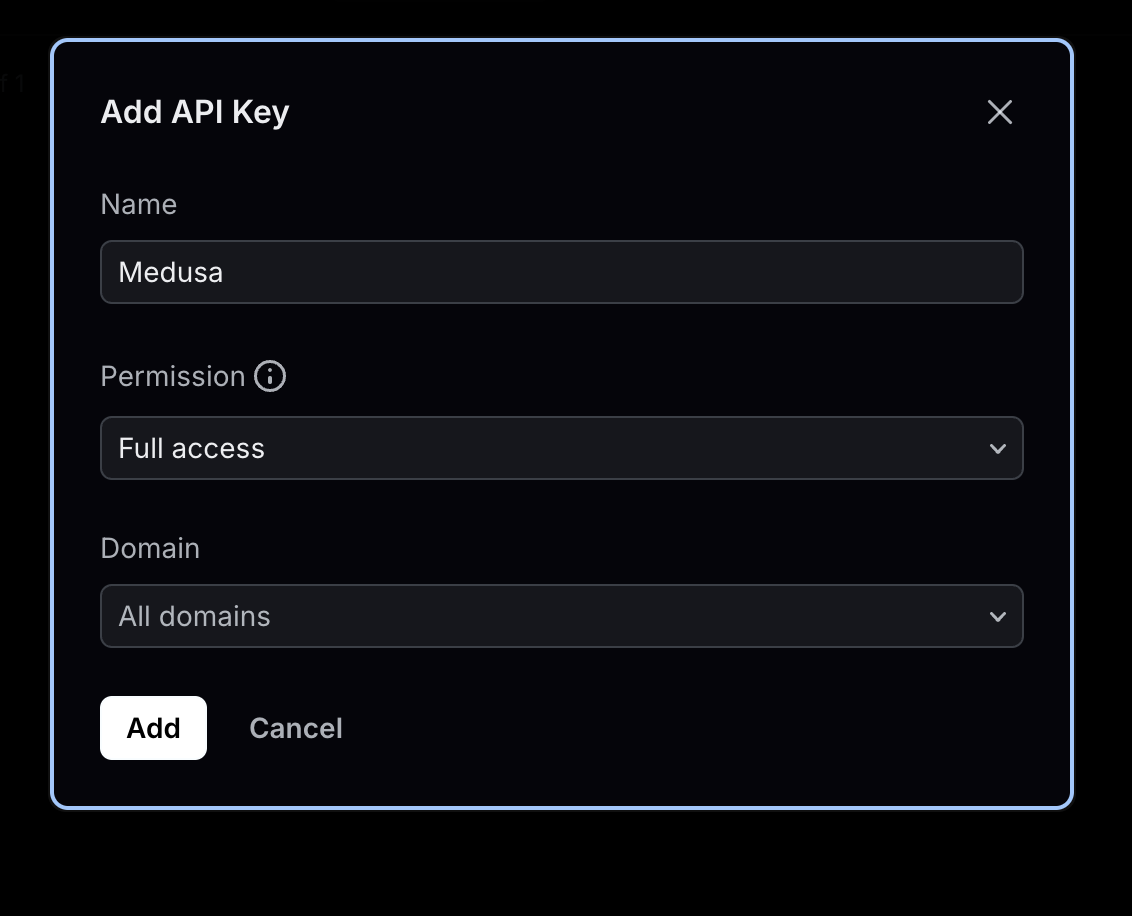 The form to create an API key with fields for the API key's name, permissions, and domain