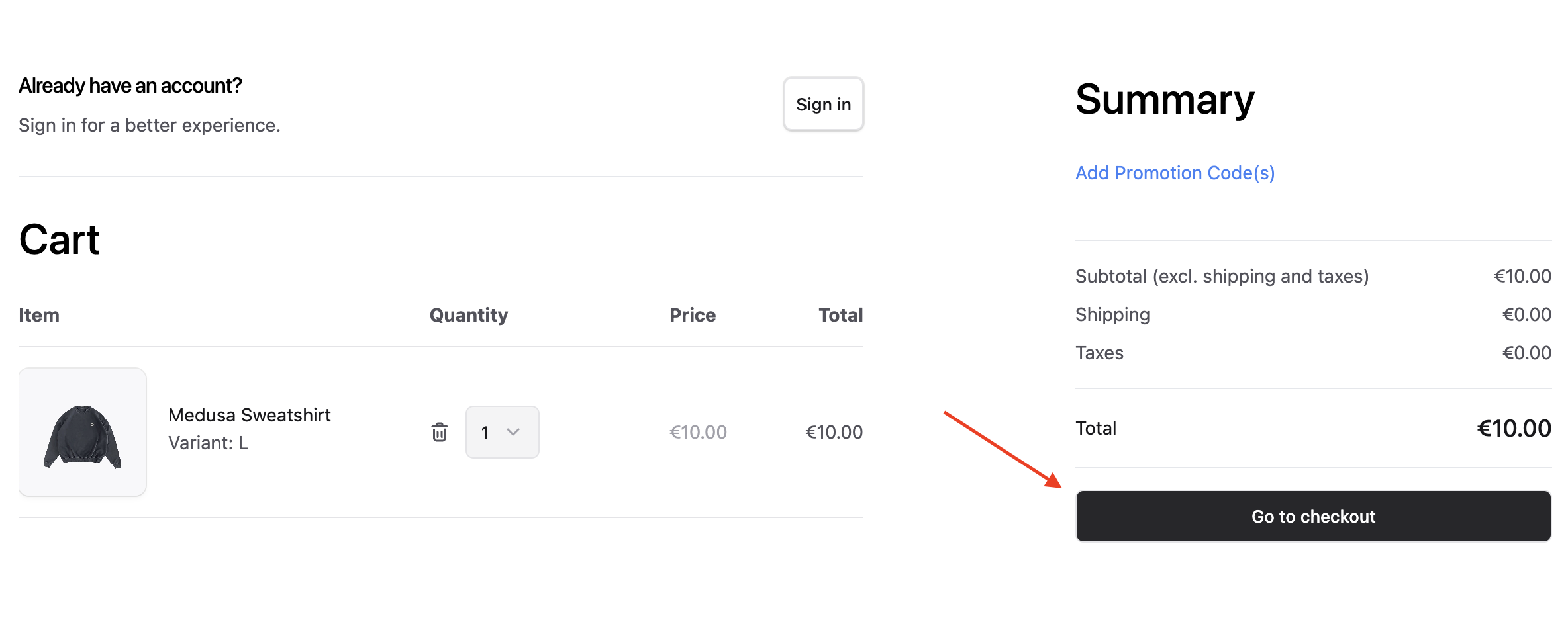 The Go to checkout button is at the right side of the page