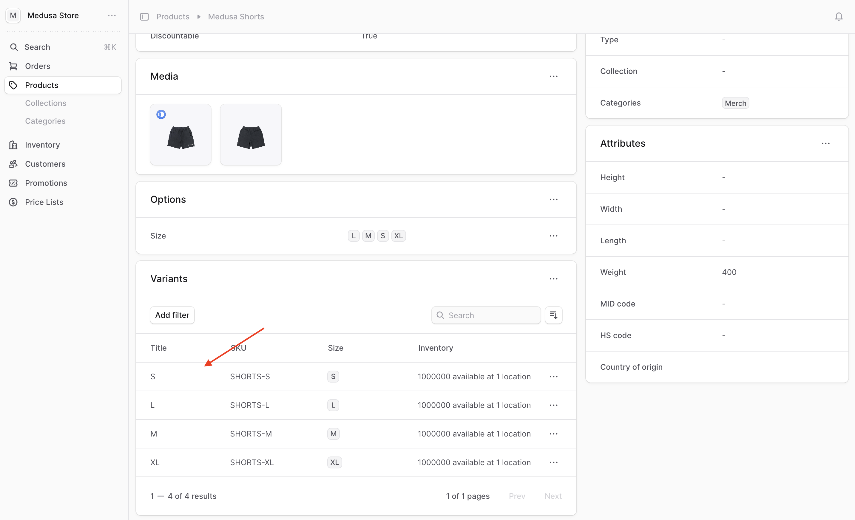 The variants table shows a product's variants. Click on a variant to open its details page.