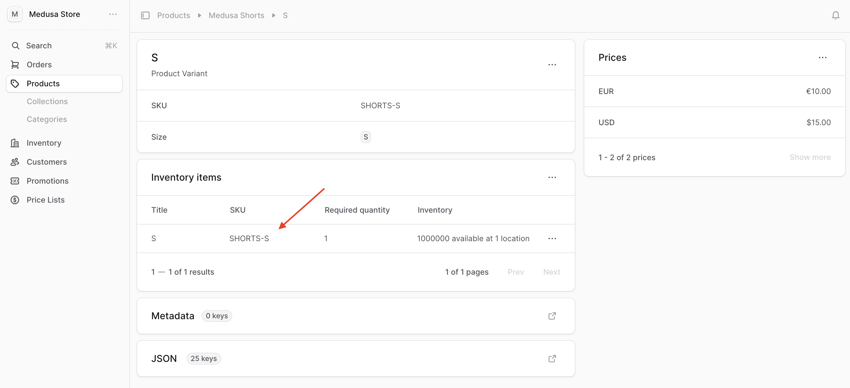 The inventory items table shows the variant's items. Click on an item to open its details page.