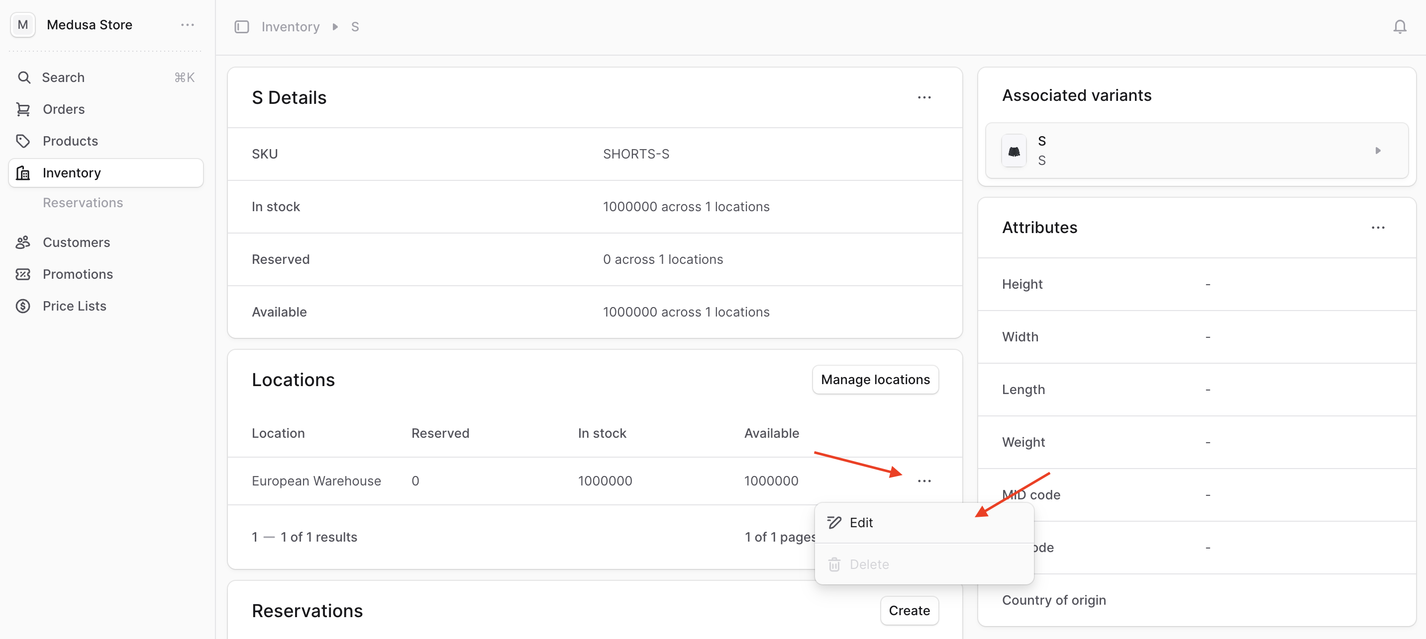 The locations are shown in a table. Click on the three-dots at a location's right side, then choose Edit from the dropdown.