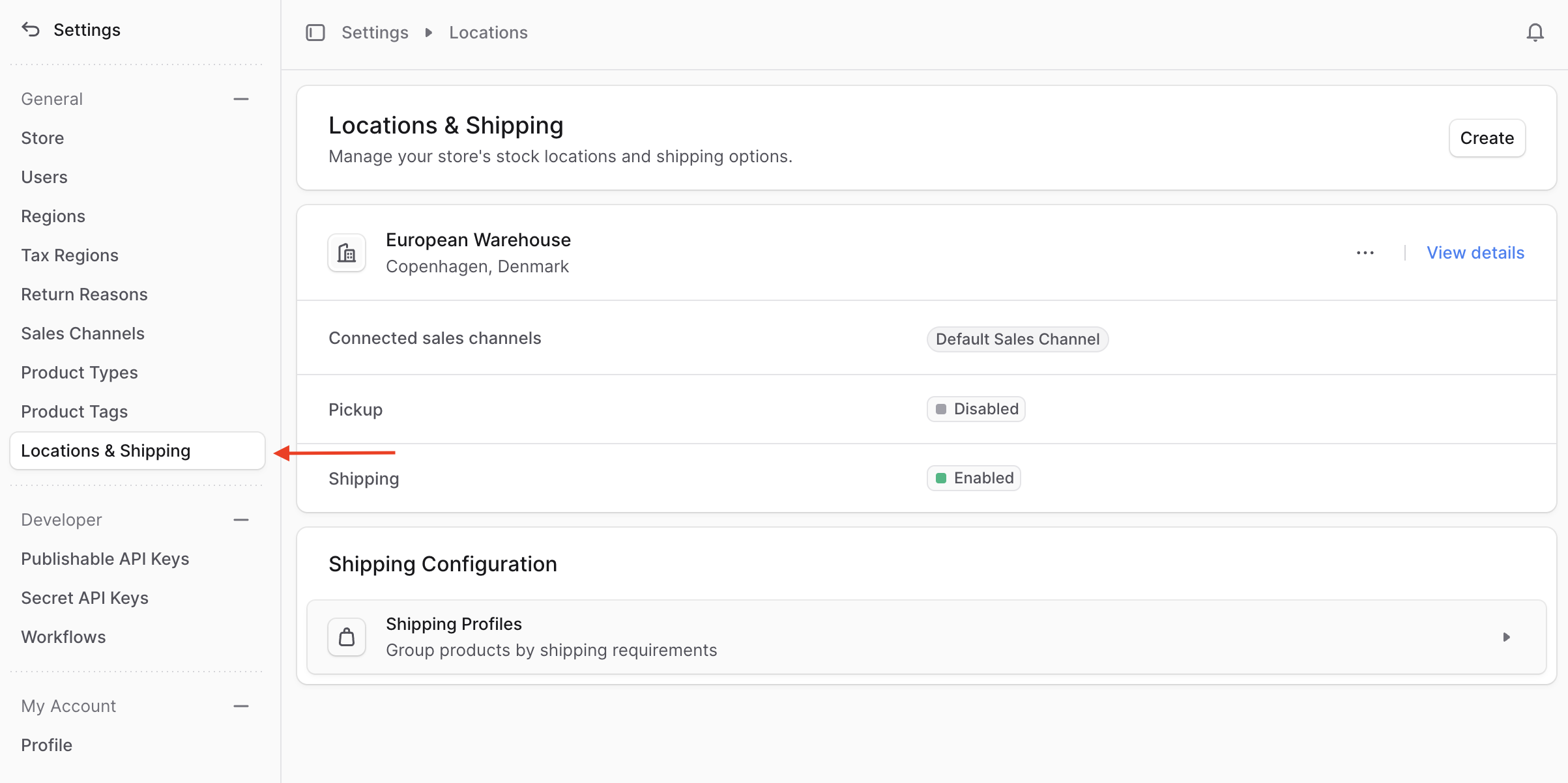 After clicking on settings in the main dashboard, a new sidebar will be shown where you can click on Location & Shipping