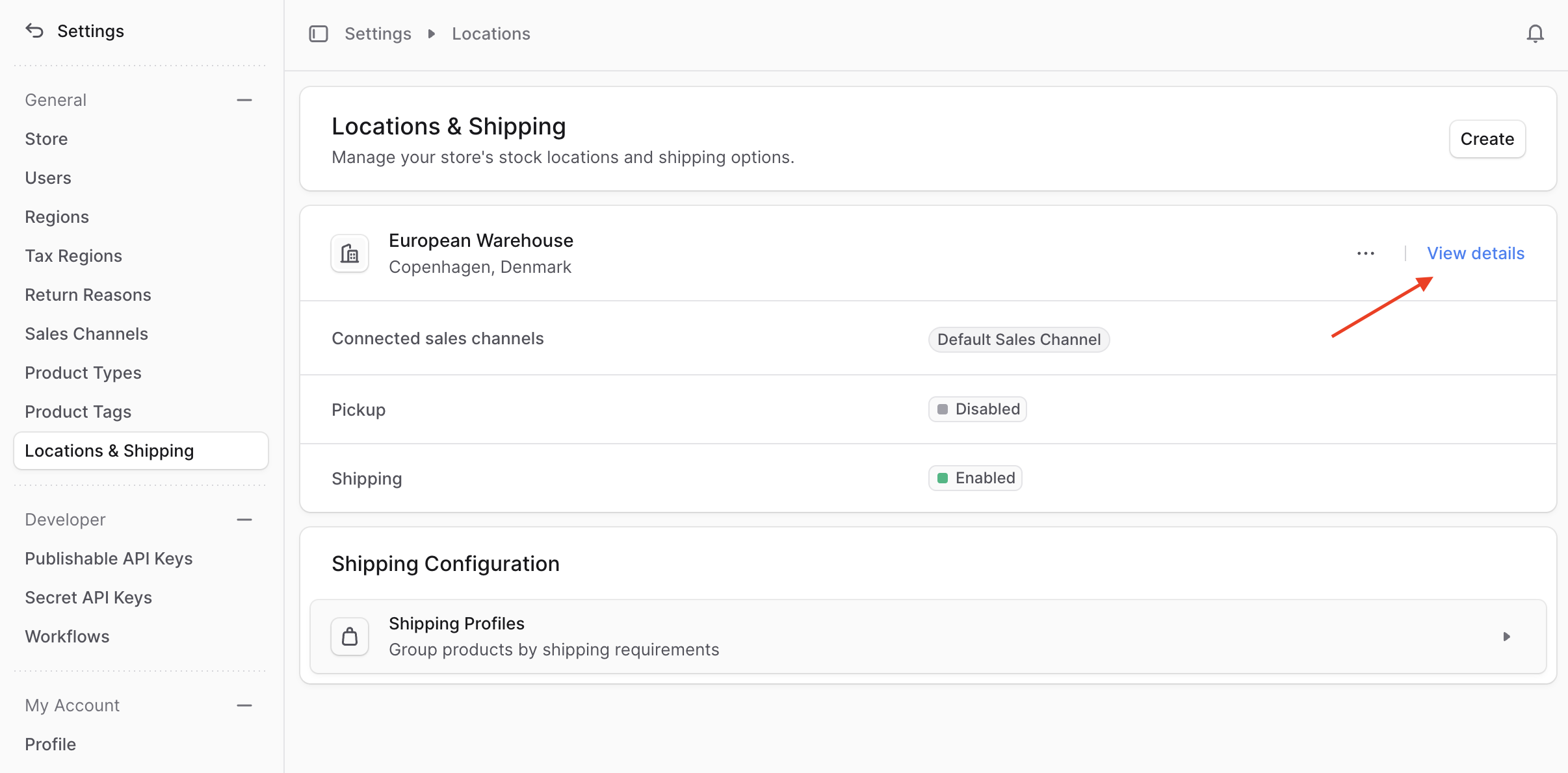 A location's card has the "View details" link at the top-right.