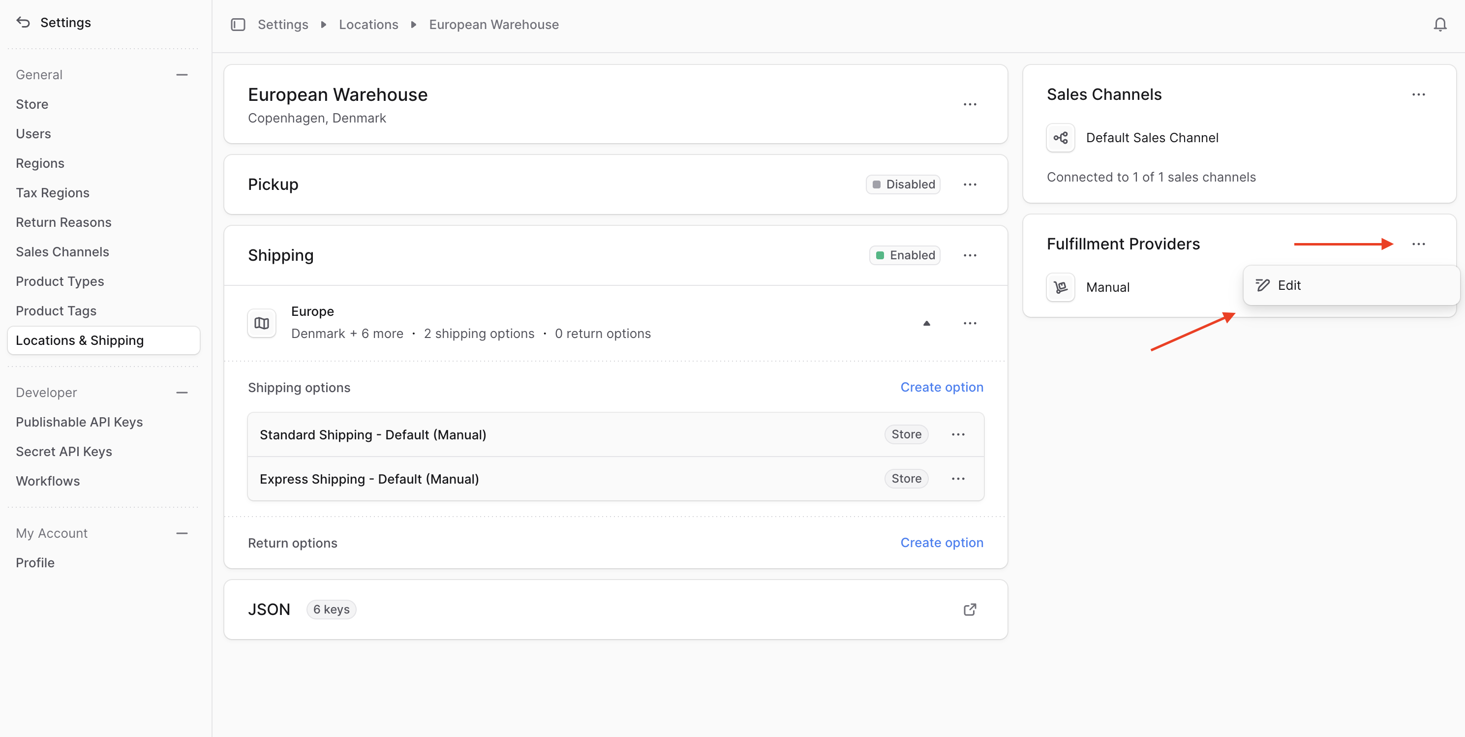 The location's page has as a "Fulfillment Providers" section in the side column at the right. Click on the three-dots icon in that section and choose Edit from the dropdown