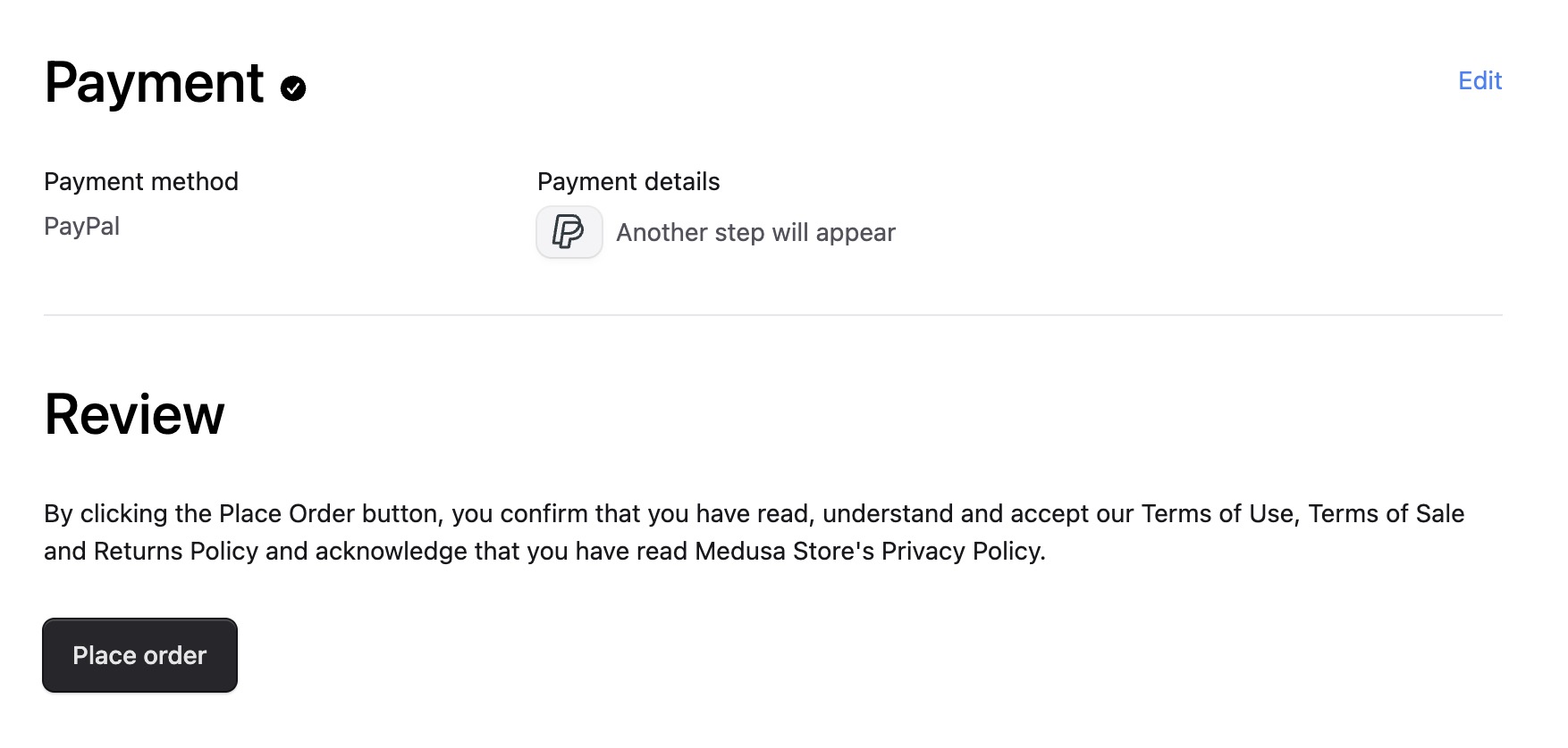 The place order button is show at the bottom of the Review section