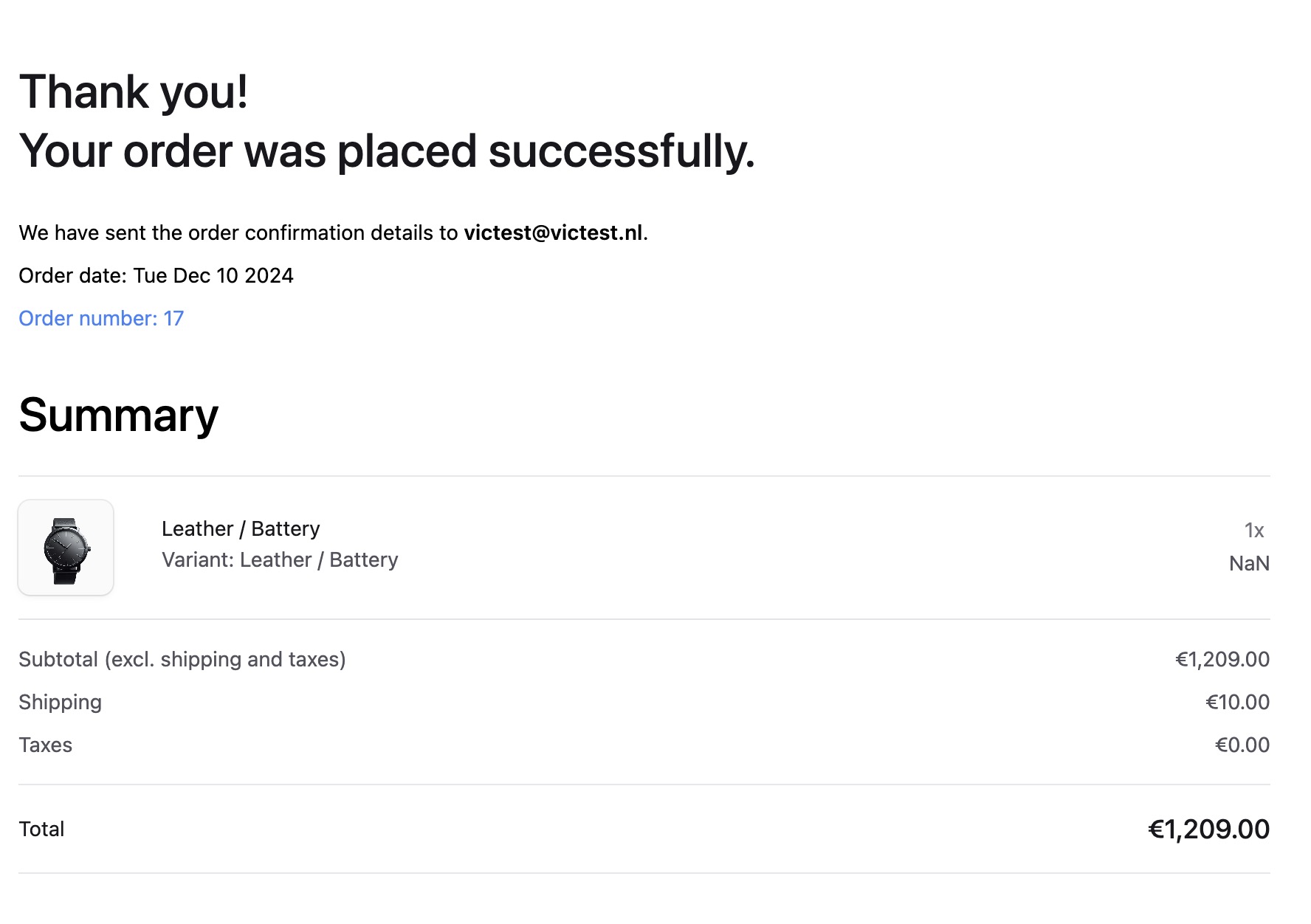 Order confirmation page showing the order's details.