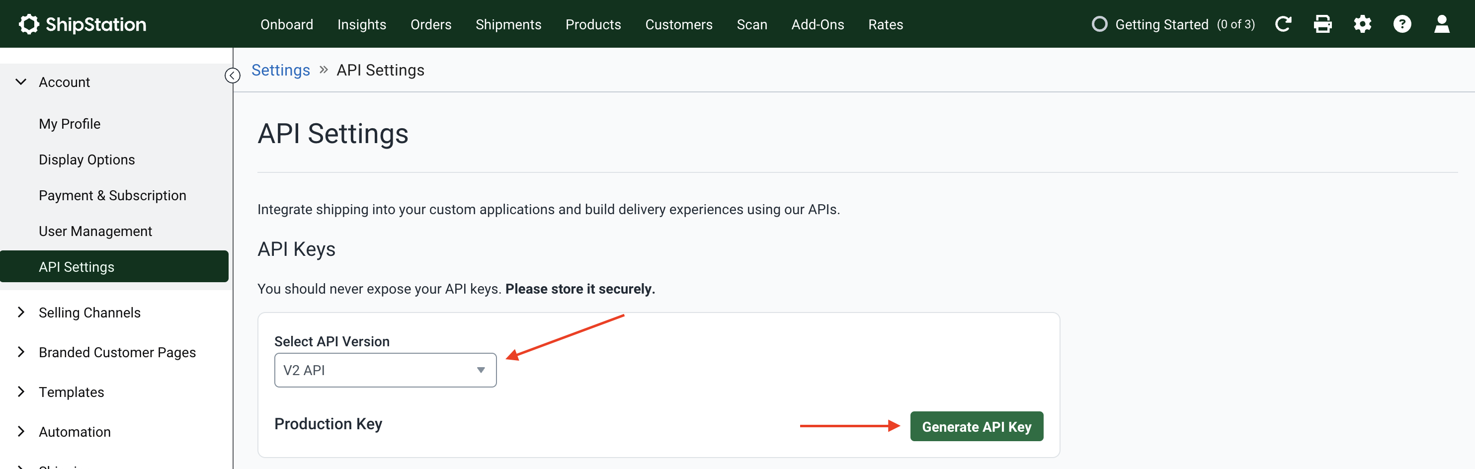 Make sure V2 API is selected in the Select API Version dropdown, then click on the "Generate API Key" button.