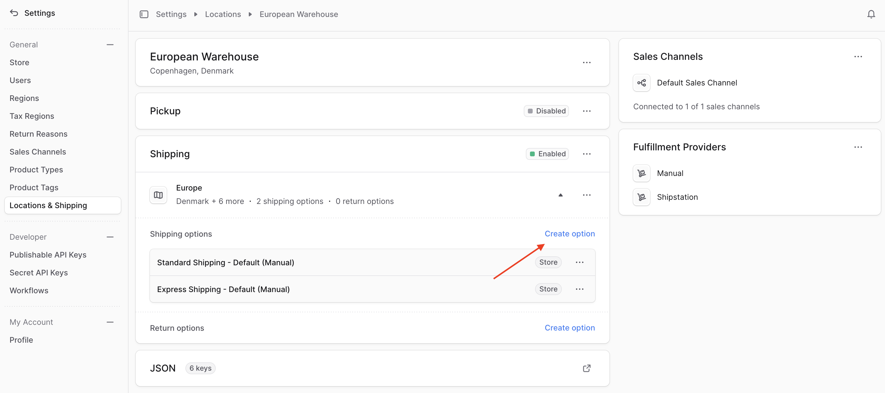 The Create Option link is in the Shipping section next to shipping options