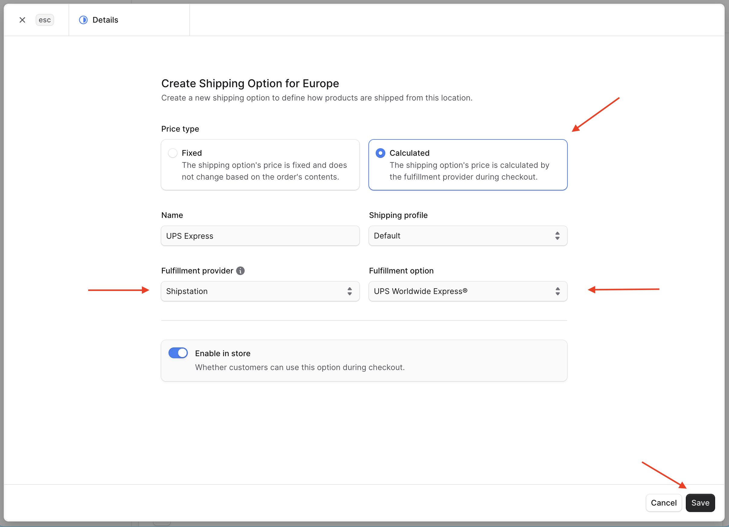 Select Calculated for price type, and select the correct fulfillment provider and option