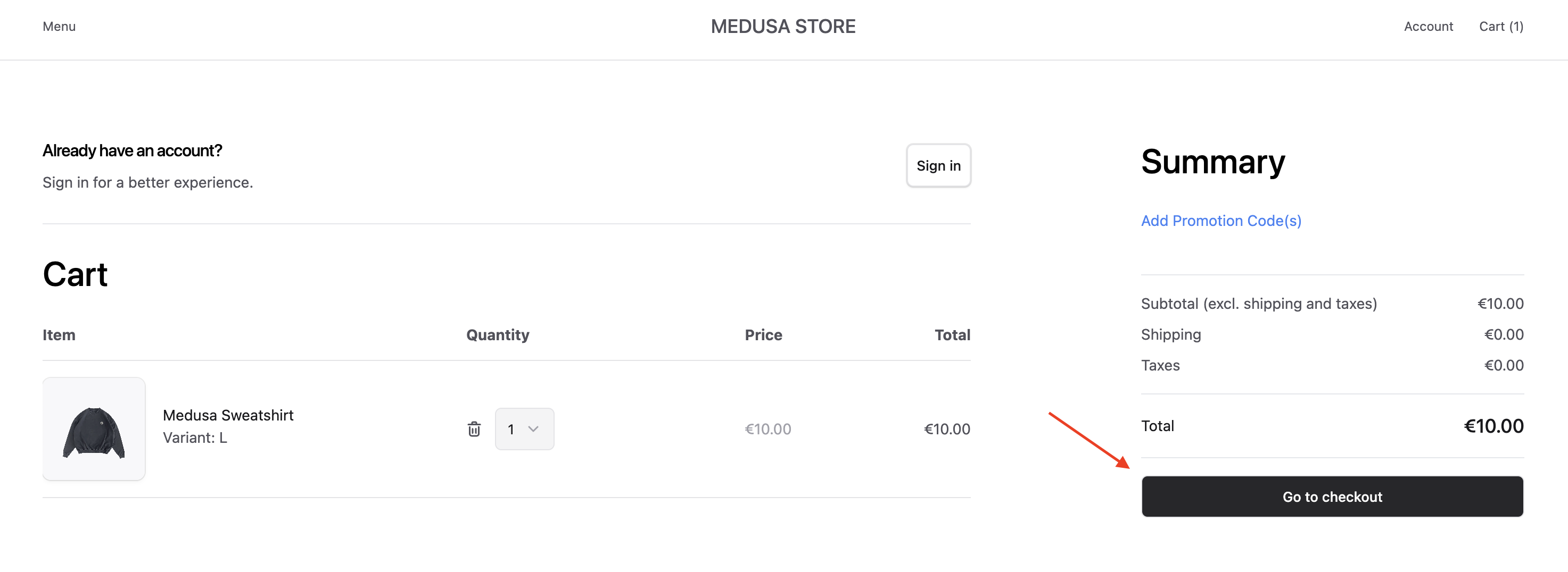 The "Go to checkout" button is at the bottom right of the page.