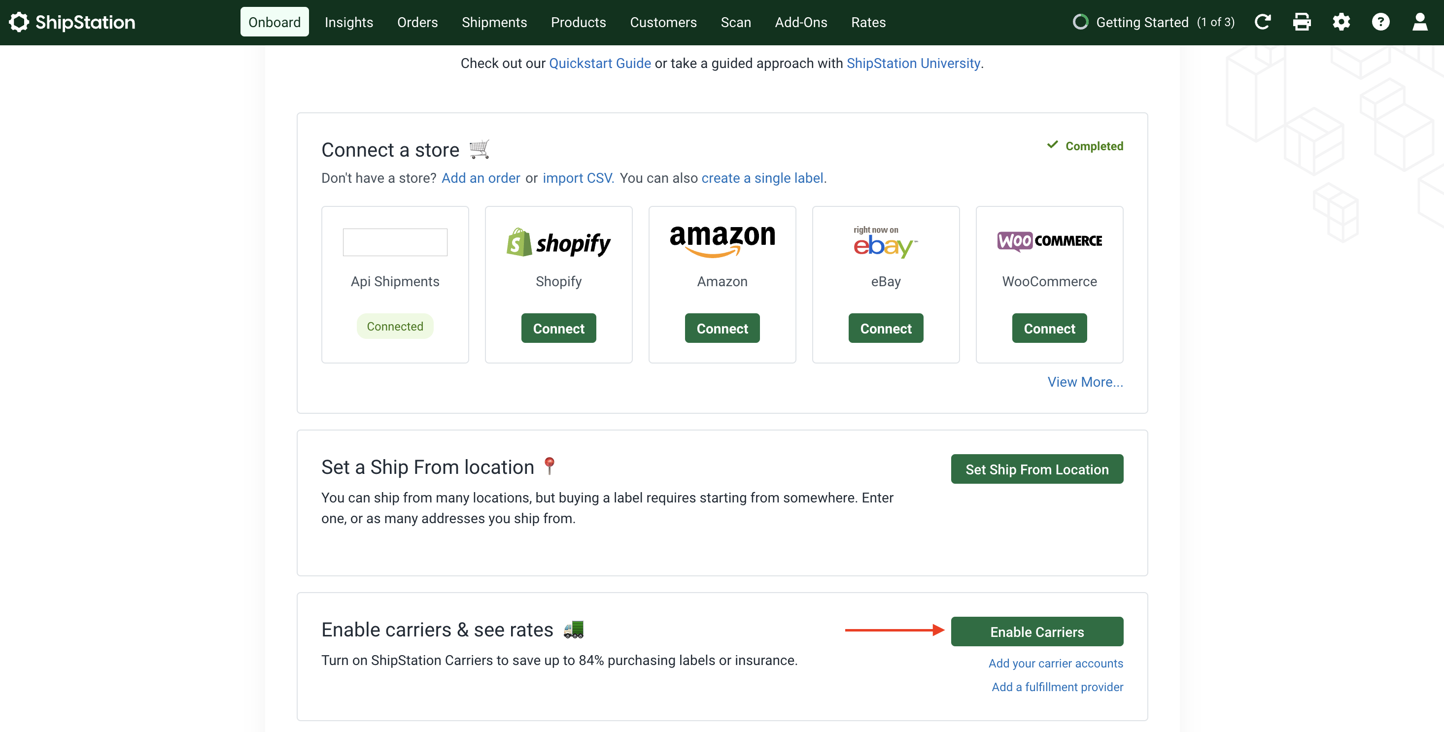 Scroll down to the Enable carriers & see rates section, and find the "Enable Carriers" button.