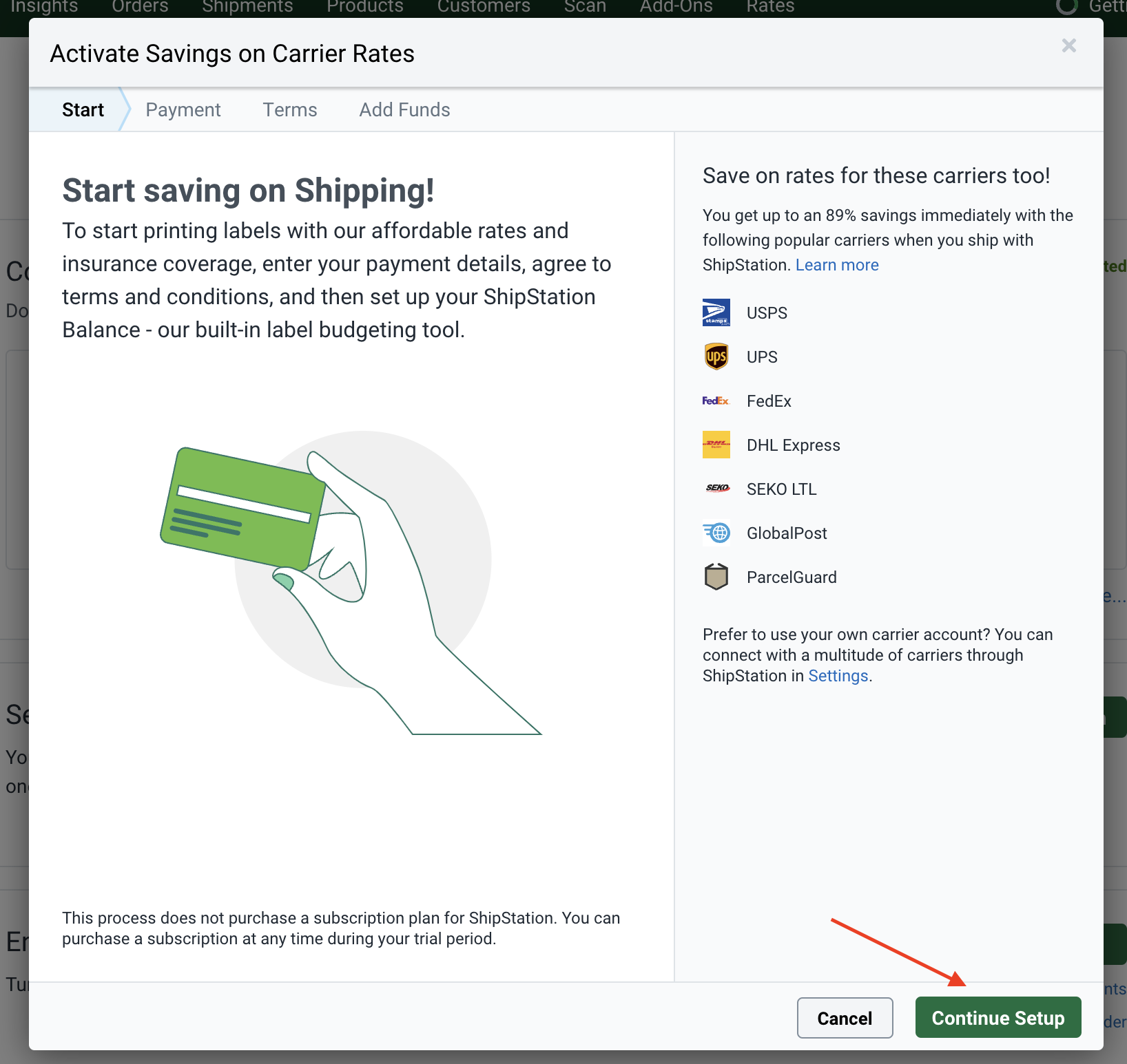Click on the green Continue Setup button