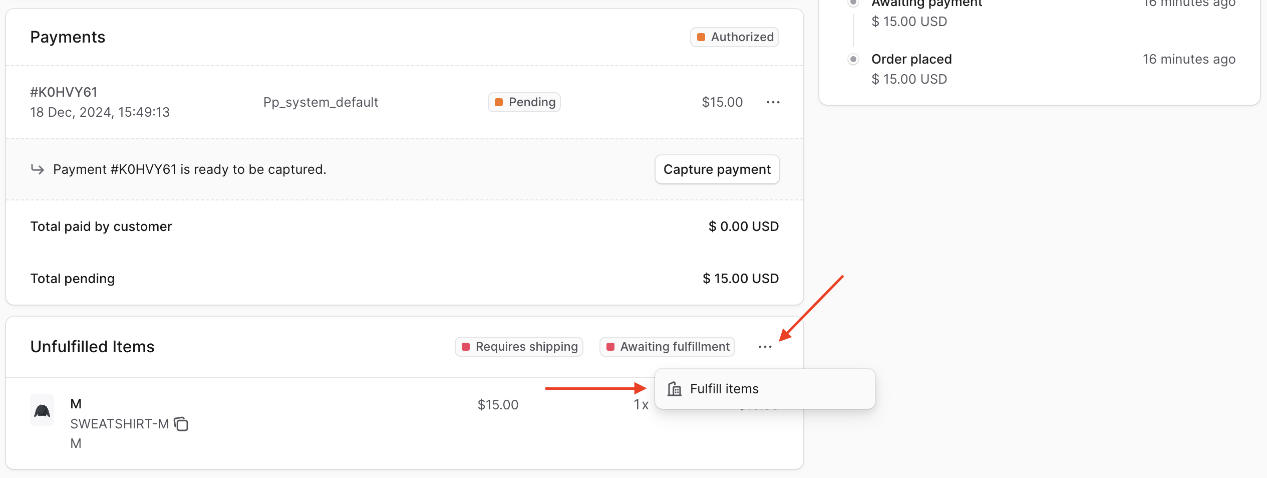 In the Unfulfilled Items section, click on the three dots, then Fulfill items from the dropdown