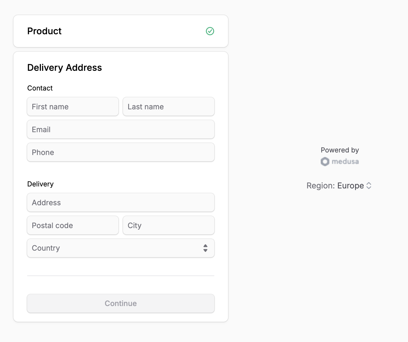 Address step showing the address form and a continue button