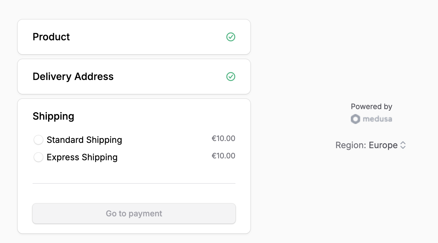 Shipping step showing the shipping options and a go to payment button