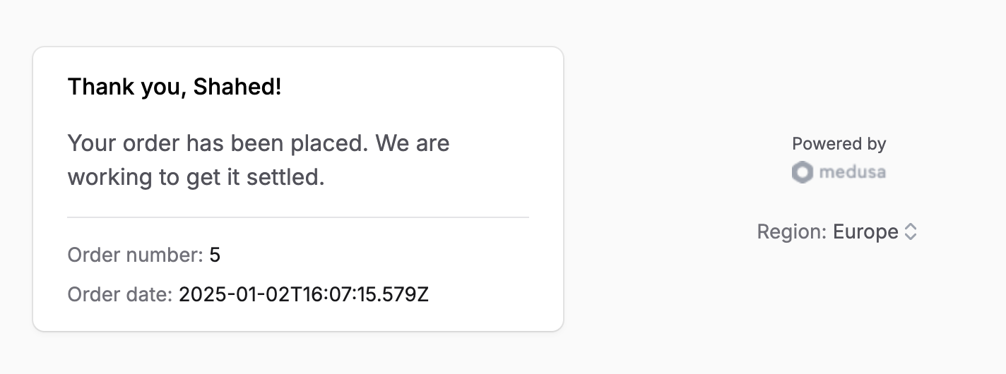 Confirmation page showing the order's ID and date