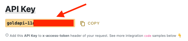 The access token is below the "API Token" header of your GoldAPI.io dashboard.