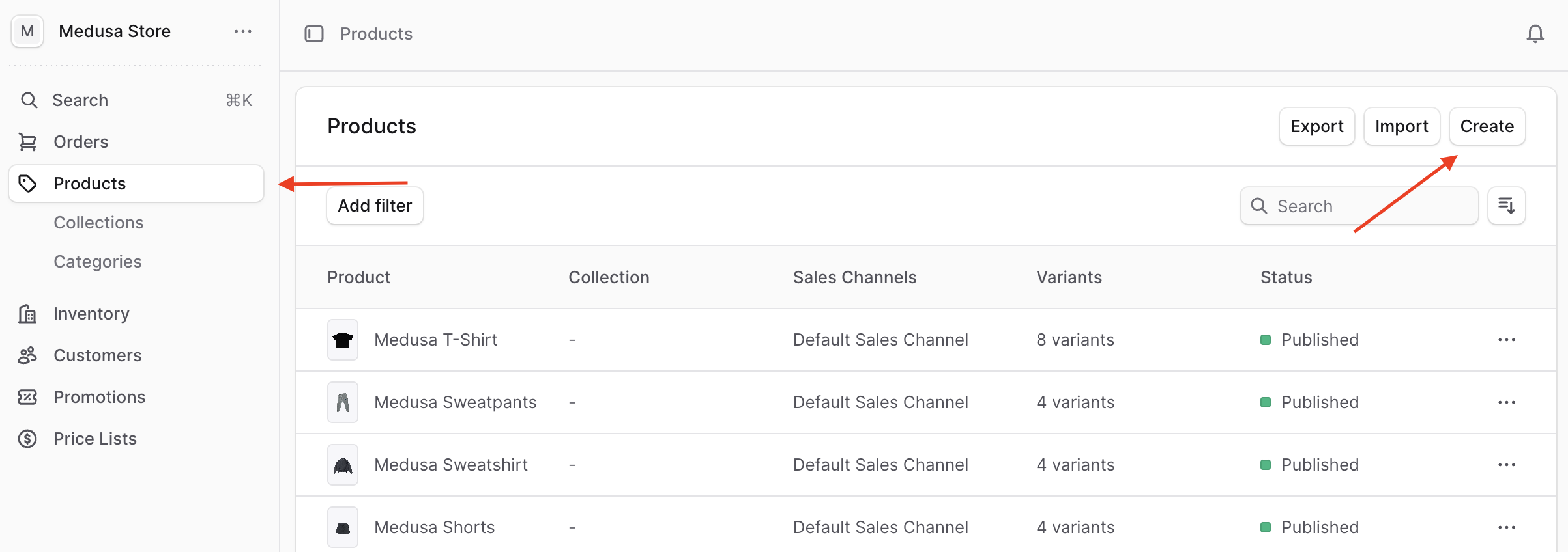 Click on Products in the sidebar at the left, then click on the Create button at the top right of the content