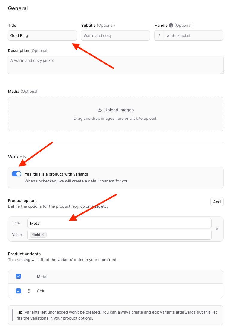 Fill in the product details, enable the "Yes, this is a product with variants" toggle, and add the "Metal" option with "Gold" value