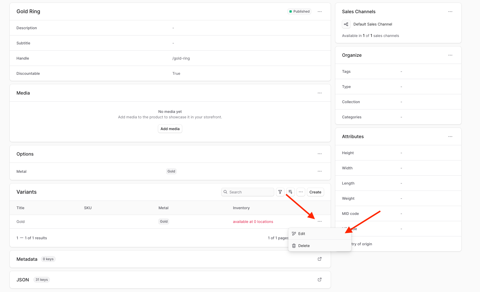 Find the Gold variant in the Variants section, click on the three-dots icon, and choose "Edit"