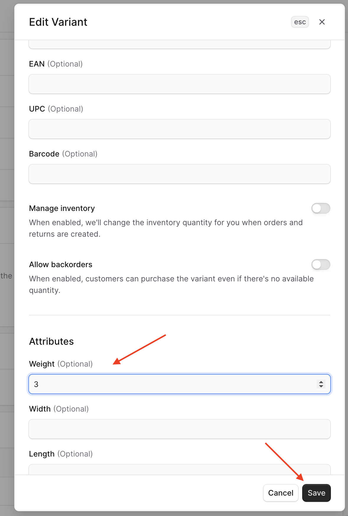 Enter the weight in the Weight field, then click the Save button
