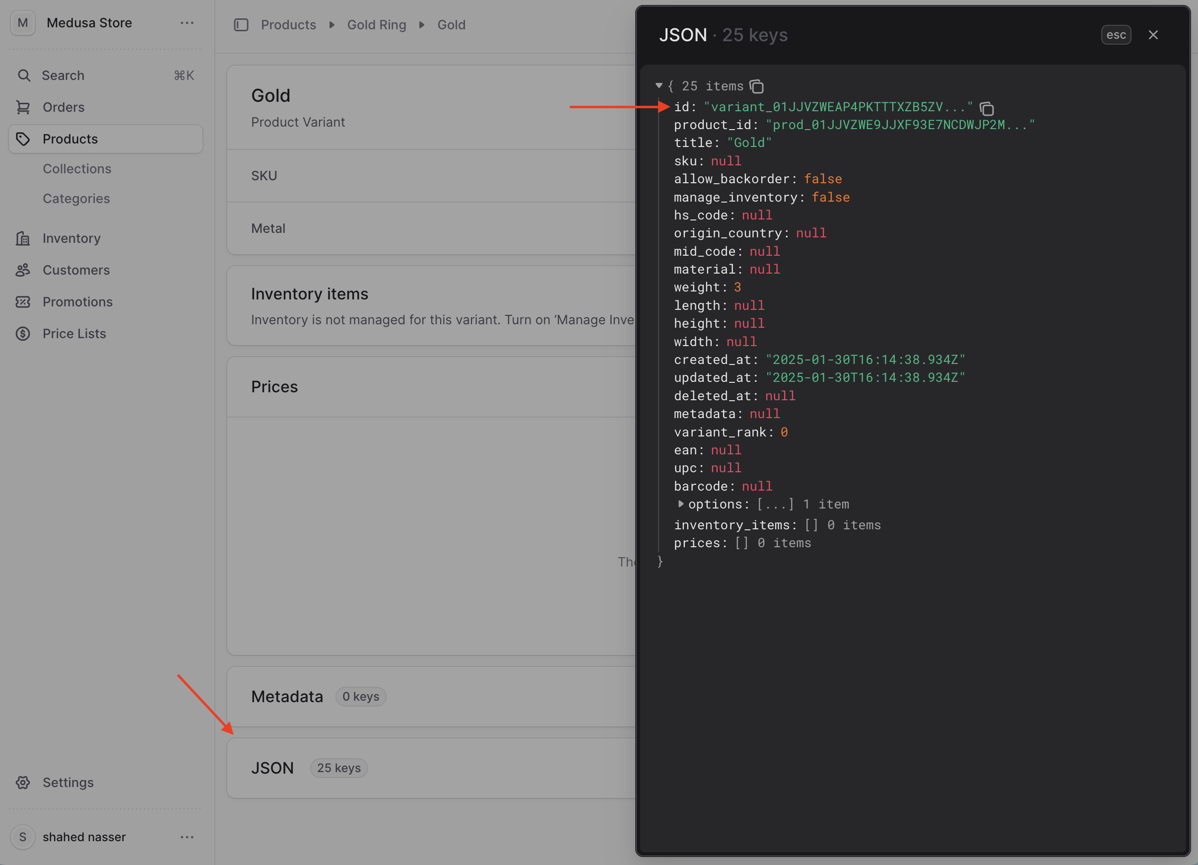 Click on the icon at the right of the JSON section to copy the variant's ID