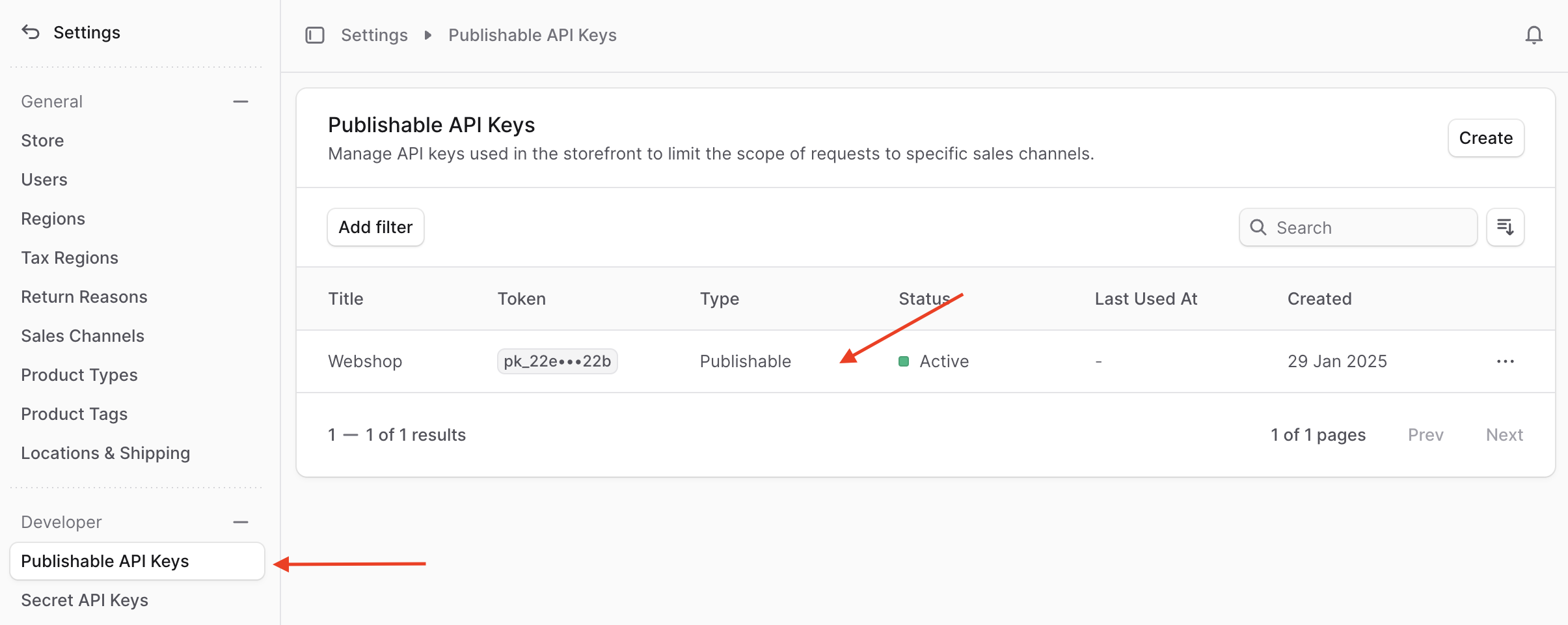 Click on publishable API keys in the Settings sidebar, then click on a publishable API key in the list