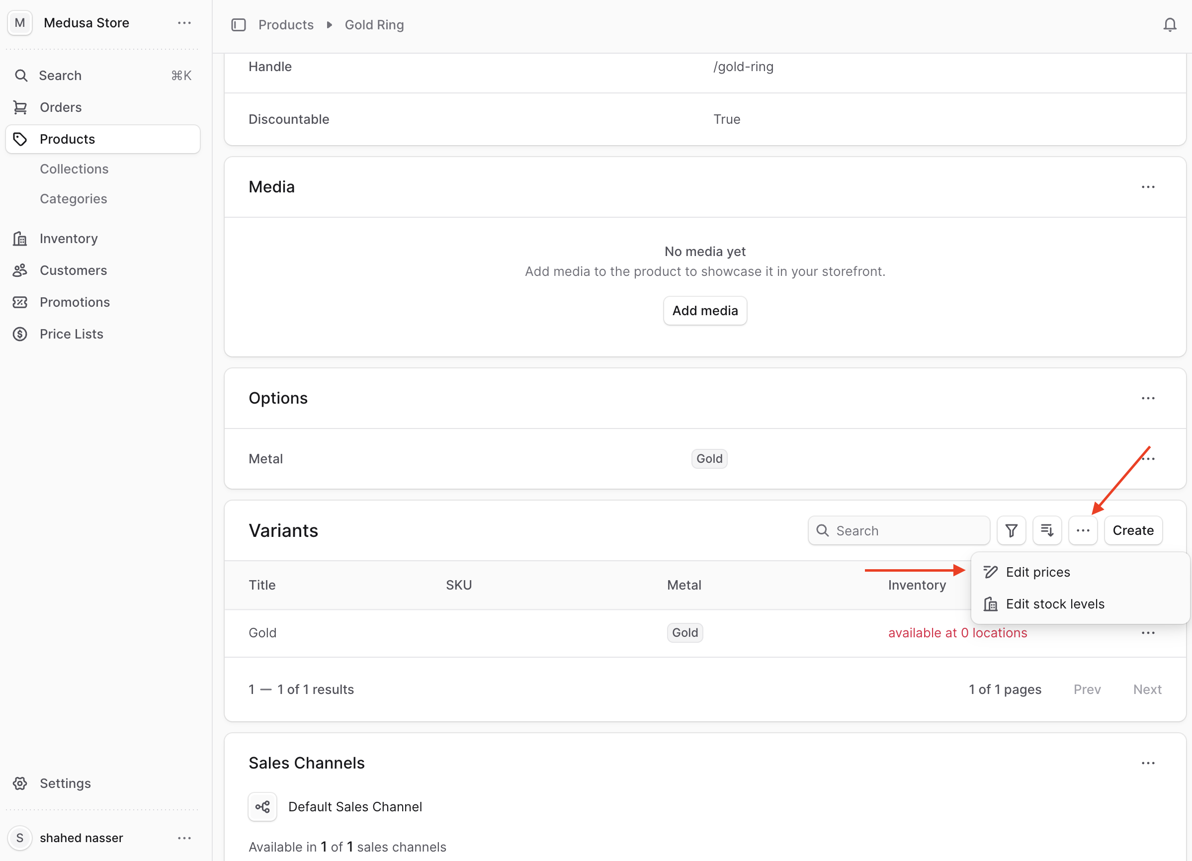 Click on the three-dots icon at the top right of the Variants section, then choose "Edit Prices"