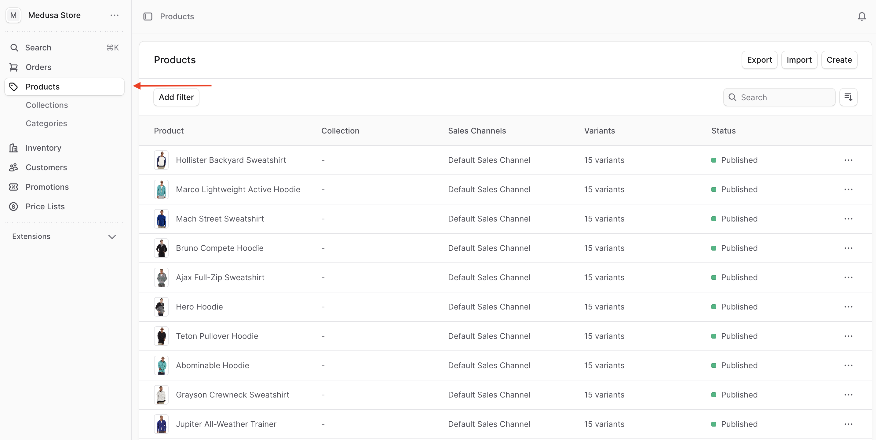 Click on products at the sidebar on the right, then view the products in the table in the middle.