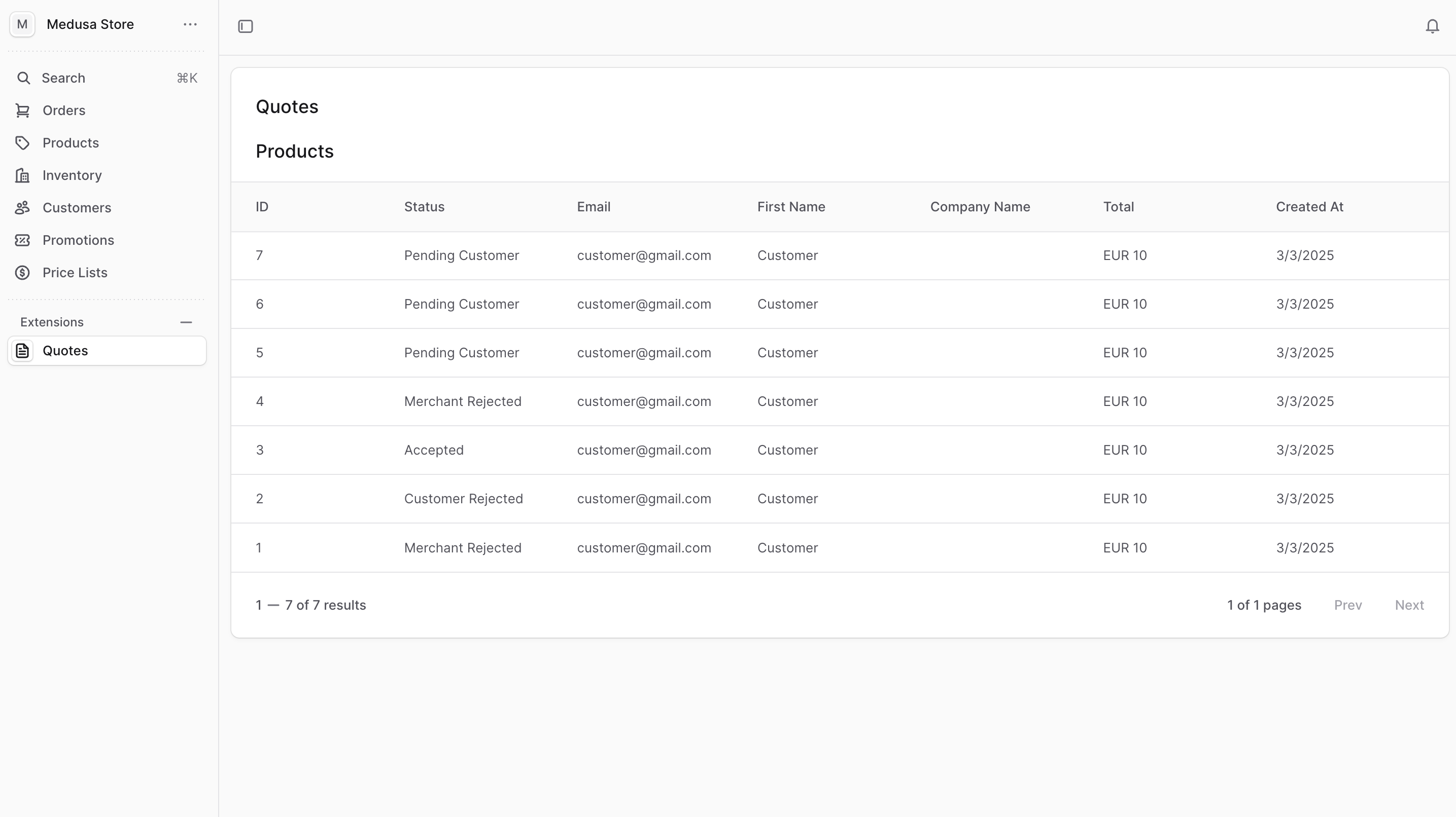 Quotes table in Medusa Admin