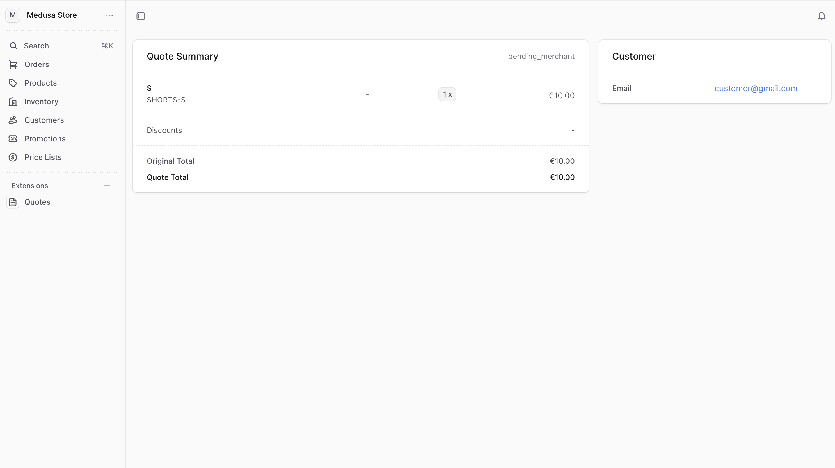 Preview of the quote details page in Medusa Admin